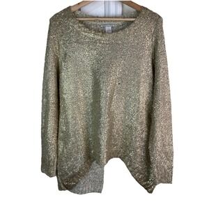 Alberto Makali Women's L Shiny Gold Stretchy Slit Back Pullover Tunic Sweater